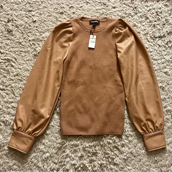 Express Tops - Express Sweater with Faux Leather Sleeves